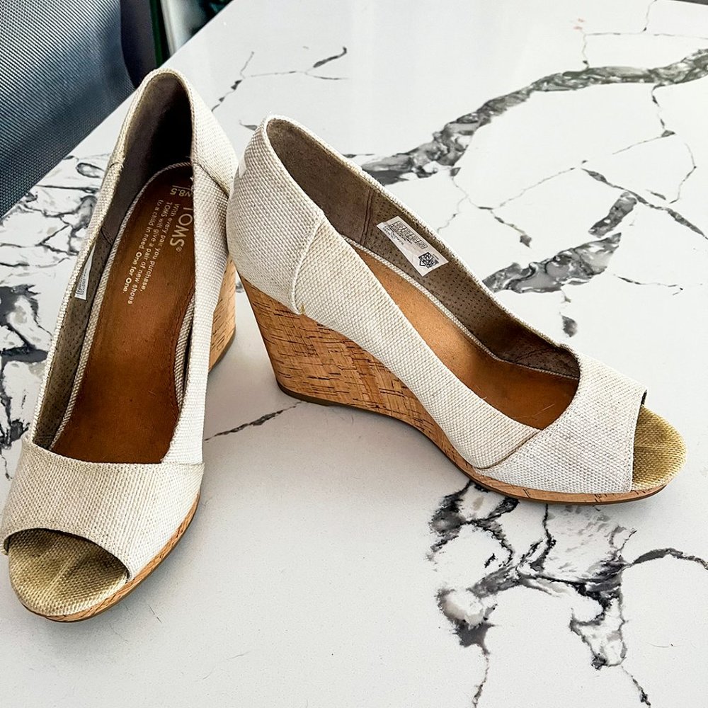 Toms Stella Peep-Toe Wedges Tweed Neutral